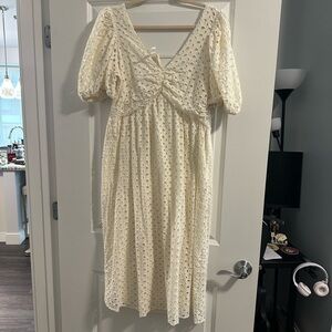 OAK + FORT Cream Midi Eyelet Dress
